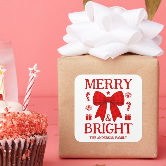 Merry & Bright Red Gingham Bow Christmas Gift Square Sticker (Party)