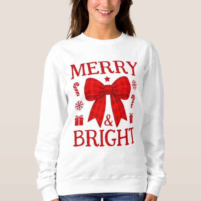 Merry & Bright Red Gingham Bow Christmas Sweatshirt (Front)