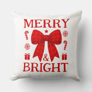Merry & Bright Red Gingham Bow Christmas Throw Pillow