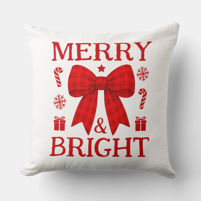 Merry & Bright Red Gingham Bow Christmas Throw Pillow (Front)