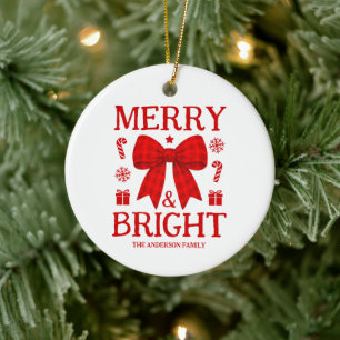 Merry & Bright Red Gingham Bow Photo Christmas Ceramic Ornament