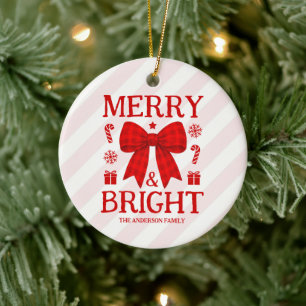Merry & Bright Red Gingham Bow Photo Christmas Ceramic Ornament