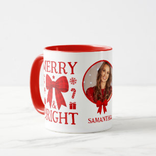 Merry & Bright Red Gingham Bow Photo Christmas Mug