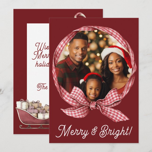 Merry & Bright Red Gingham Photo Holiday Christmas Card (Front/Back)