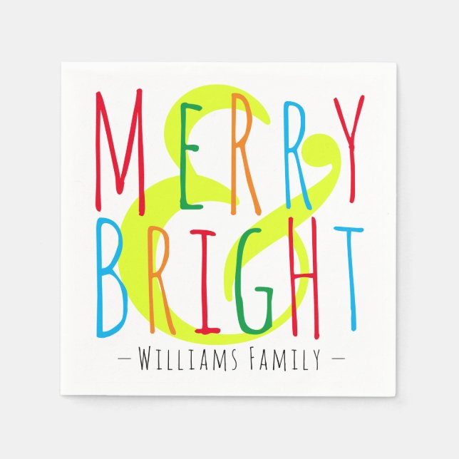 Merry & Bright Red, Green Blue Typography Holiday Napkin (Front)