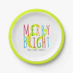 Merry & Bright Red, Green Blue Typography Holiday Paper Plate