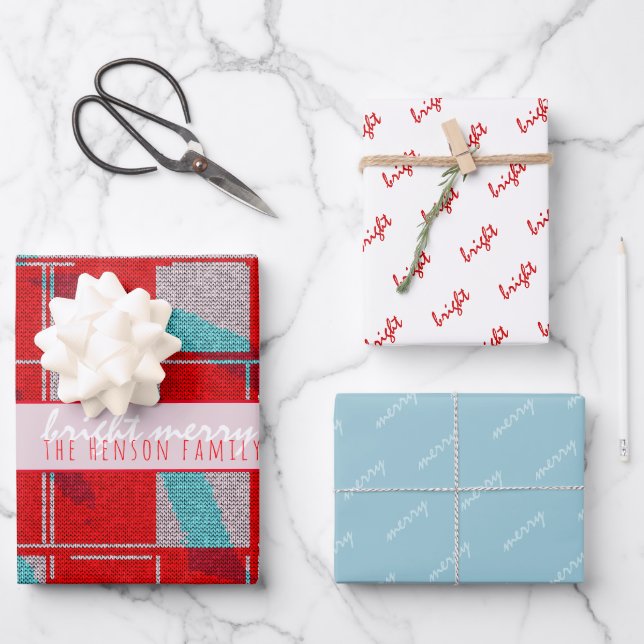 Merry Bright Red Knit Knitting Family Holiday Wrapping Paper Sheet (Front)