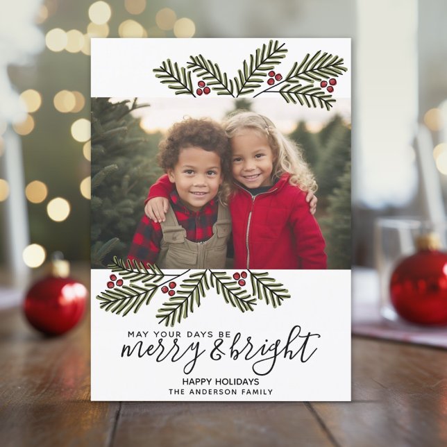 Merry Bright Retro 1 photo Christmas Pine Branches Holiday Card (Whimsical Pine Branches with 1 Photo - Online Christmas Card)