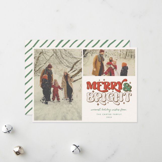 Merry & Bright Retro 2 Photo  Holiday Card (Front/Back In Situ)