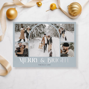 Merry Bright Retro Arch 7 Photo Ice Blue Foil Holiday Card