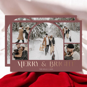 Merry Bright Retro Arch Photo Collage Foil Holiday Card