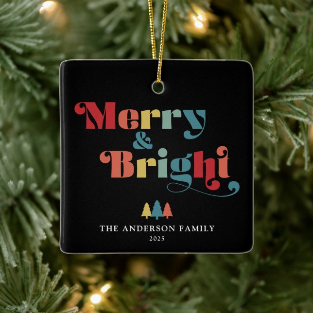Merry & Bright Retro Colourful Christmas Ceramic Ornament (Tree)