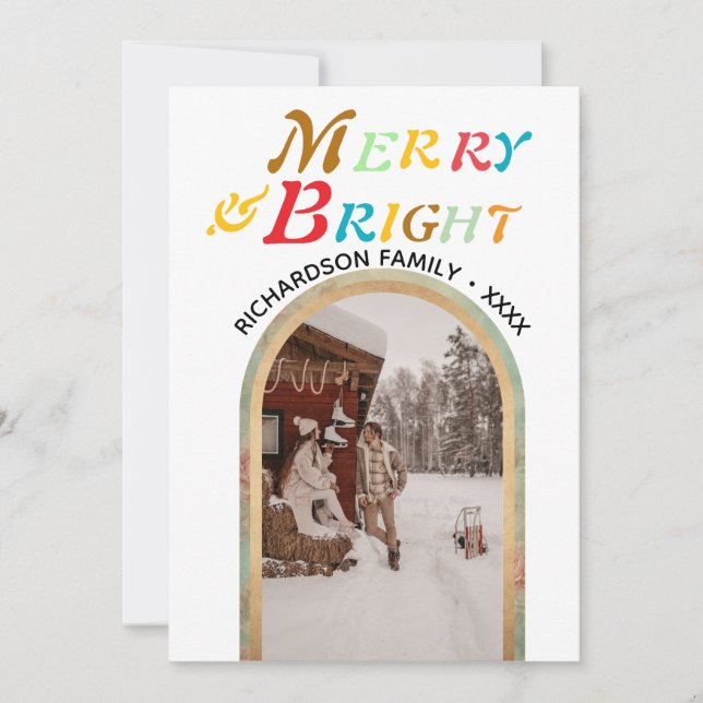 Merry & Bright Retro Colourful Flat Holiday Card (Front)