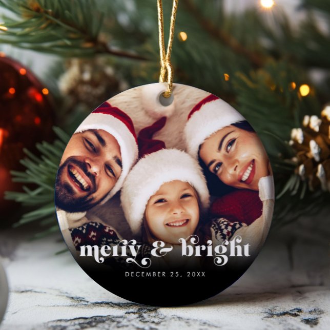Merry & Bright Retro Copy Family Photo Christmas Ceramic Ornament (Merry & Bright Retro Copy Family Photo Christmas Ceramic Ornament)