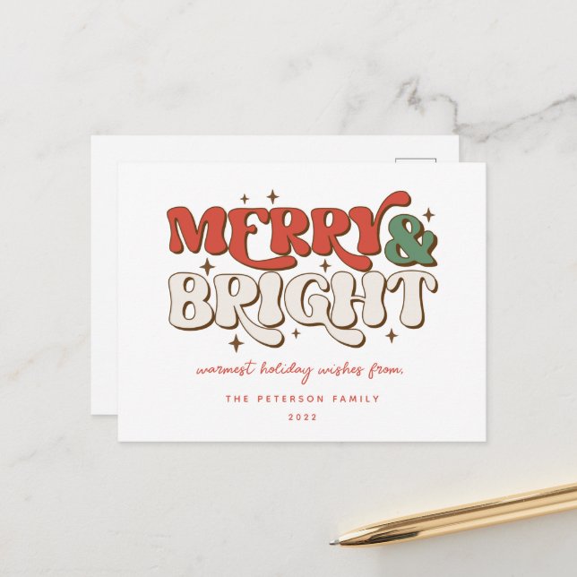 Merry & Bright Retro Holiday Postcard (Front/Back In Situ)