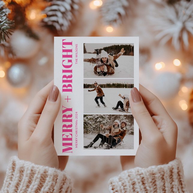 Merry & Bright Retro Hot Pink Christmas Photo Holiday Card (Creator Uploaded)
