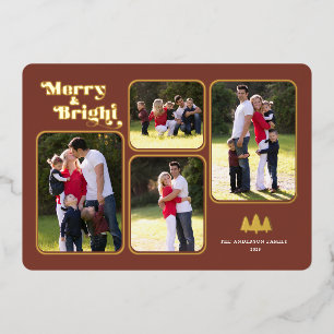 Merry & Bright Retro Photo Christmas Gold Foil Holiday Card