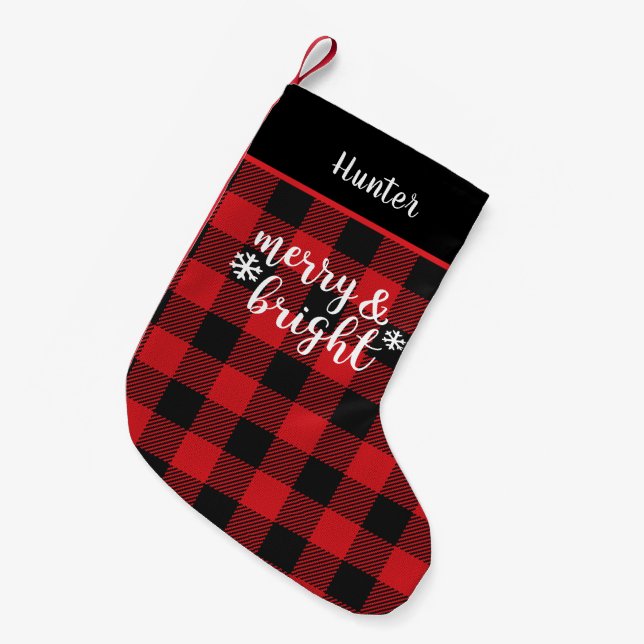 Merry & Bright Rustic  Buffalo Plaid Personalized Small Christmas Stocking (Front (Hanging))