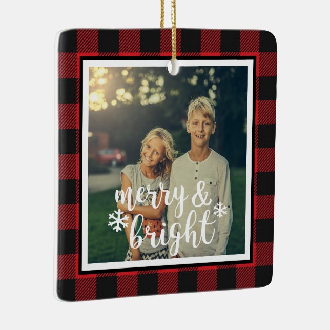 Merry & Bright Rustic Buffalo Plaid Photo Ornament (Right)