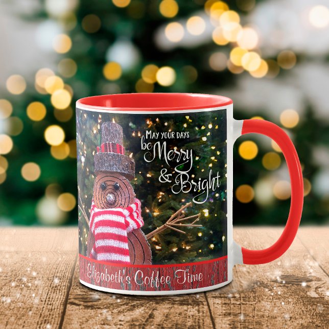 “Merry & Bright” Rustic Log Snowman Add Your Name Mug (Creator Uploaded)