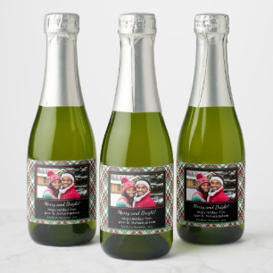 Merry & Bright Rustic Plaid Holiday Photo Sparkling Wine Label