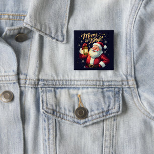 Merry Bright Santa Holding Lantern Illustration 2 Inch Square Button