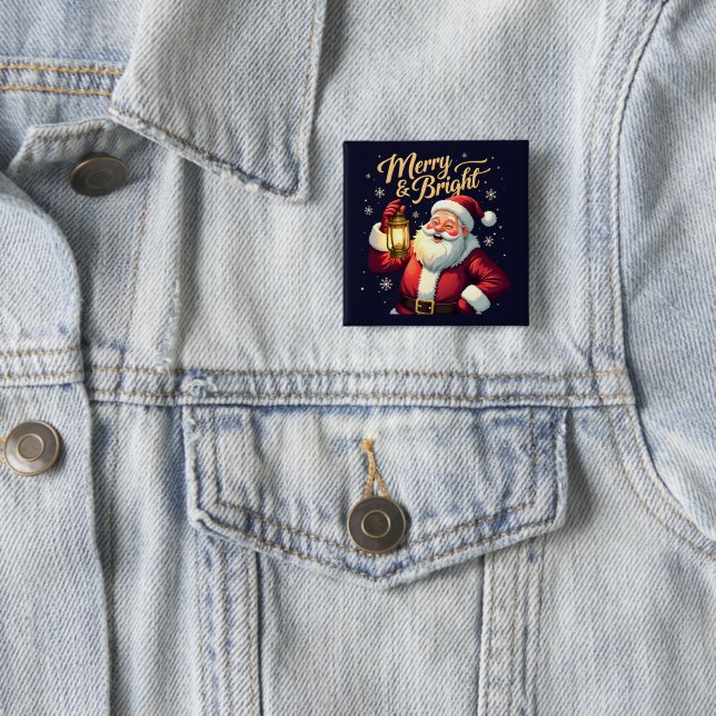 Merry Bright Santa Holding Lantern Illustration 2 Inch Square Button (In Situ)
