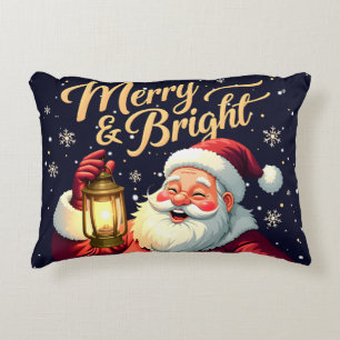 Merry Bright Santa Holding Lantern Illustration Accent Pillow