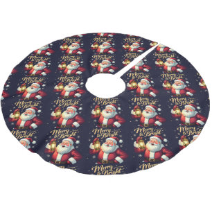 Merry Bright Santa Holding Lantern Illustration Brushed Polyester Tree Skirt