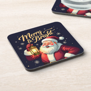 Merry Bright Santa Holding Lantern Illustration Coaster