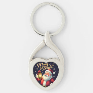 Merry Bright Santa Holding Lantern Illustration Keychain