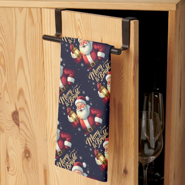 Merry Bright Santa Holding Lantern Illustration Kitchen Towel (Thirds Fold)