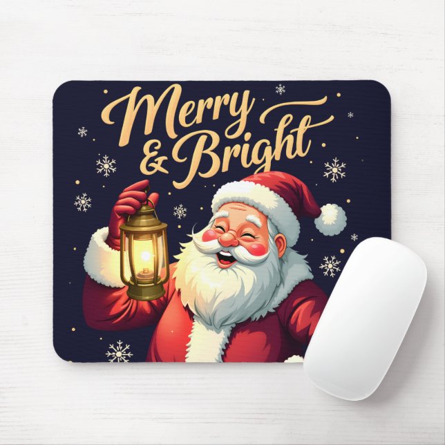 Merry Bright Santa Holding Lantern Illustration Mouse Pad (With Mouse)