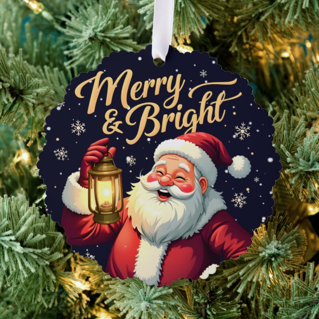 Merry Bright Santa Holding Lantern Illustration Ornament Card (Insitu (Tree))