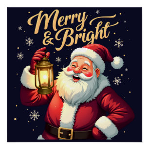 Merry Bright Santa Holding Lantern Illustration Poster