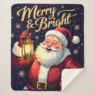 Merry Bright Santa Holding Lantern Illustration Sherpa Blanket