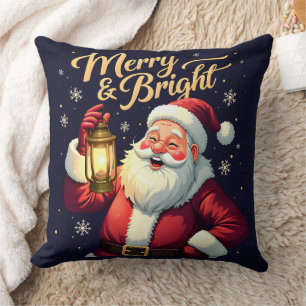 Merry Bright Santa Holding Lantern Illustration Throw Pillow