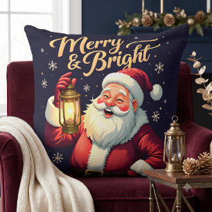 Merry Bright Santa Holding Lantern Illustration Throw Pillow