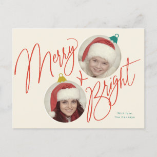 Merry & Bright script and photo ornaments design Postcard