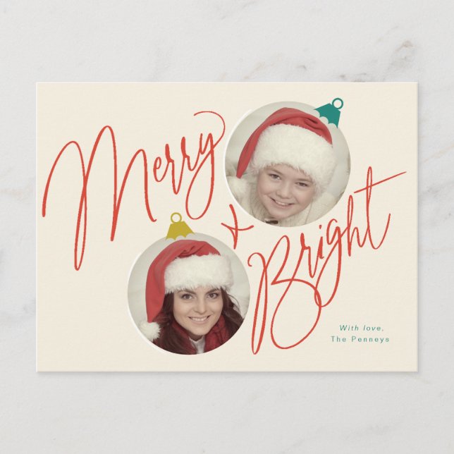Merry & Bright script and photo ornaments design Postcard (Front)