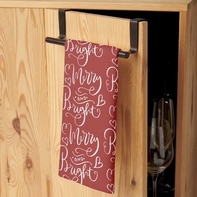 Merry & Bright Script Calligraphy Red Christmas Kitchen Towel (Thirds Fold)