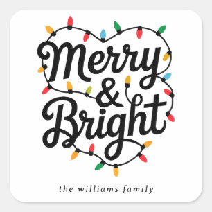 Merry & Bright Script Festive String Light Holiday Square Sticker