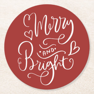 Merry & Bright Script Red Christmas Round Paper Coaster