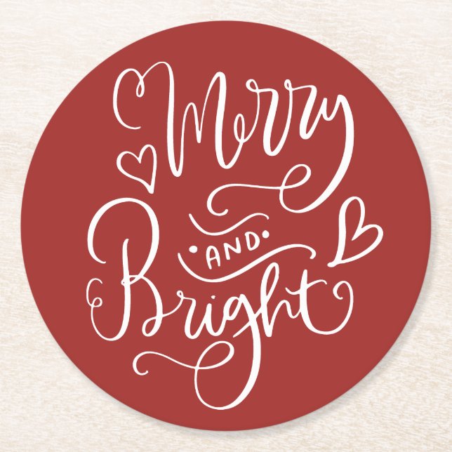 Merry & Bright Script Red Christmas Round Paper Coaster (Front)