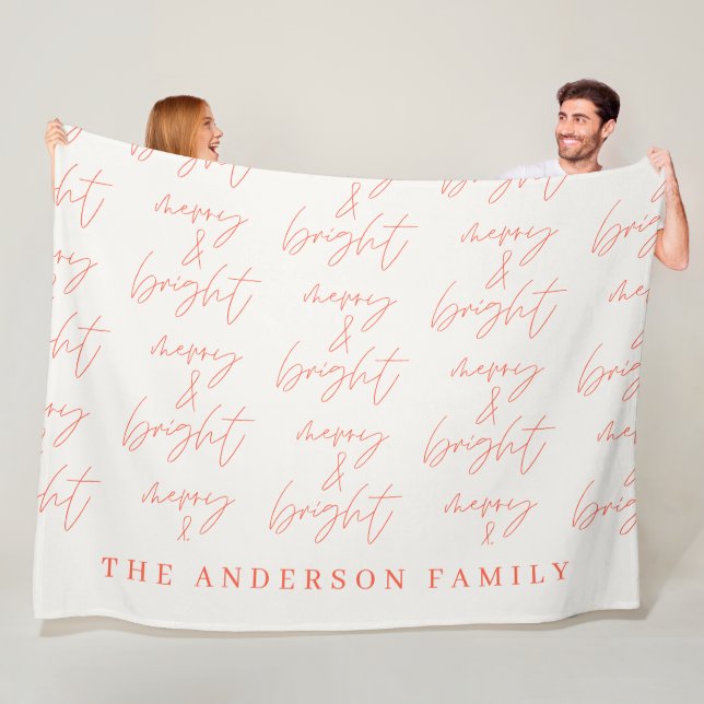 Merry & Bright script text red and white Christmas Fleece Blanket (In Situ)