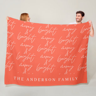 Merry & Bright script text red and white Christmas Fleece Blanket