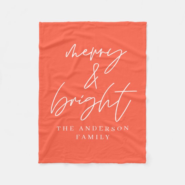 Merry & Bright script text red and white Christmas Fleece Blanket (Front)