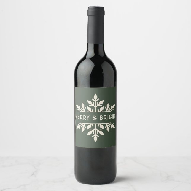 Merry & Bright Snowflake Wine Label | Tree Green (Front)