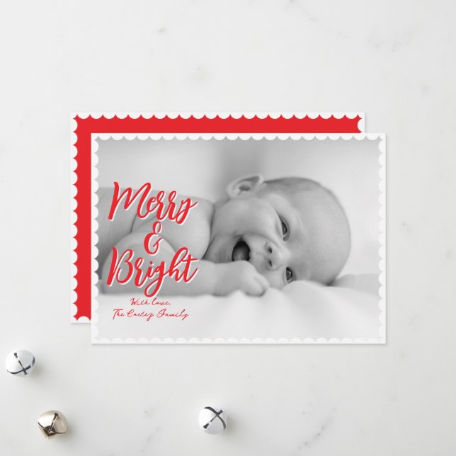 Merry & Bright Solid Scallop Christmas Card (Front/Back In Situ)