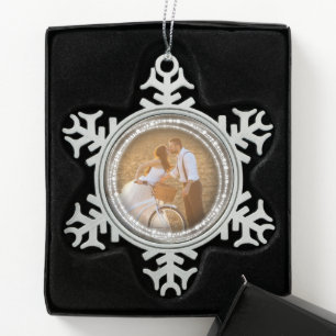 Merry & Bright Sparkling Circles Christmas Photo Snowflake Pewter Christmas Ornament